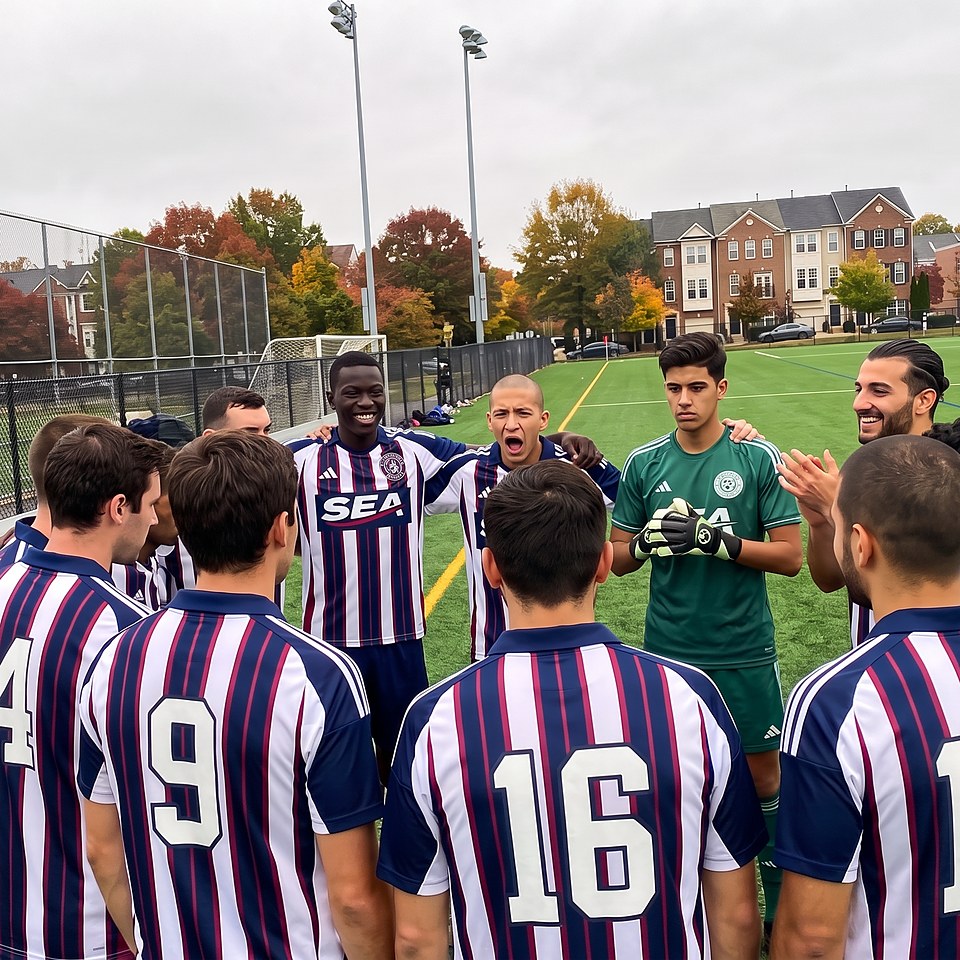 Team huddle: Ibrahim Diallo, Rafael Santos, Youssef Karim and Daniel Rossi