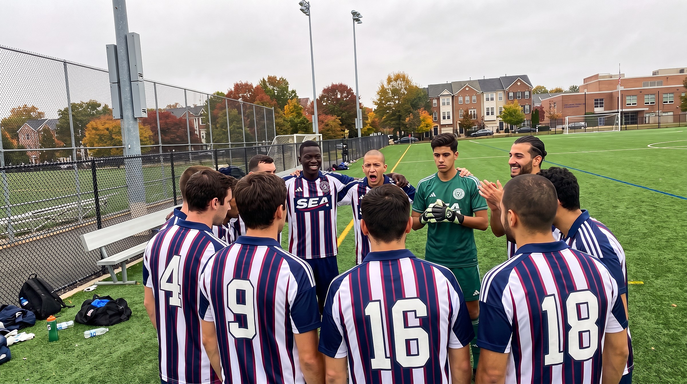 Team huddle: Ibrahim Diallo, Rafael Santos, Youssef Karim and Daniel Rossi